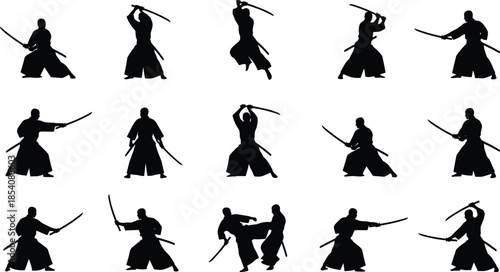 Martial arts sword silhouettes, katana pose vector, Kendo Kenjutsu icons, black warrior artwork, traditional combat stance design