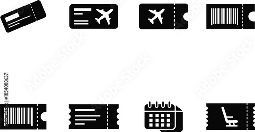 A collection of black silhouette icons representing travel tickets and booking elements