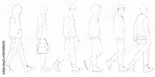 Line art illustrations of diverse people walking in casual outfits