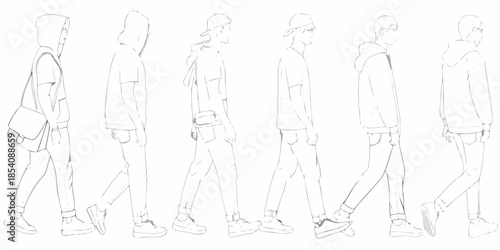 Line art illustration of a male figure in various walking poses