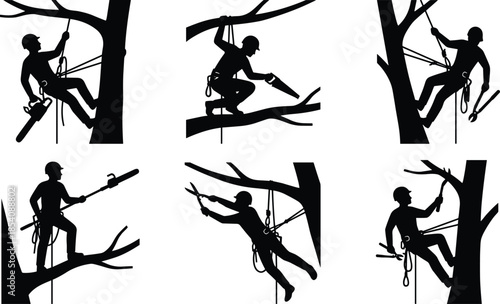 Arborist silhouette icons, tree climbing vector, pruning safety artwork, forestry worker poses, black tree maintenance design set