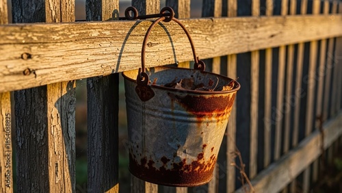 rusty old metal bucket hanging on wooden fence with dry leaves inside at sunset for farm lifestyle blogs, rural tourism websites, rustic home decor prints, gardening articles on bokeh background