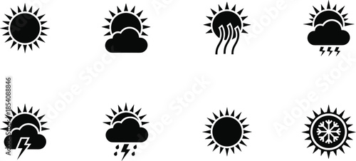 Collection of weather icons showing different conditions like sun, rain, and storms