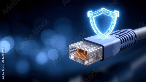 Secure blue ethernet cable glowing shield connector protecting data security network privacy