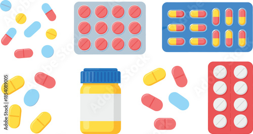 Medical pills and capsules vector illustration set with blister packs and medicine bottle in flat style