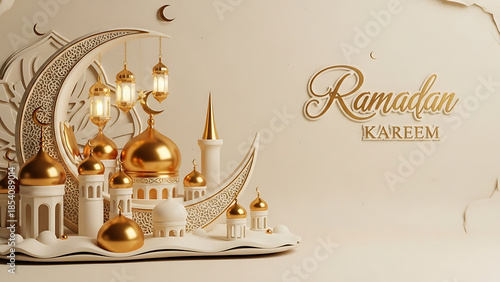 Ramadan kareem greeting with golden mosque and crescent moon