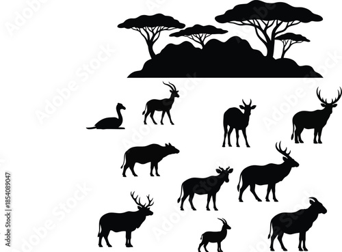 Silhouette of various african animals and trees isolated on transparent background