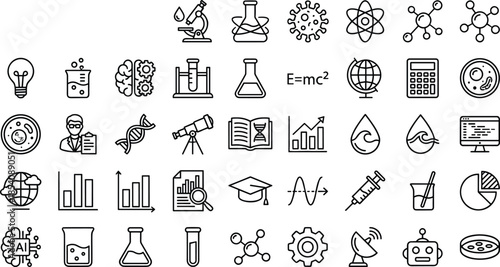 Science education line icon set, laboratory research symbols, chemistry biology physics tools, STEM learning, analytics, technology, vector collection