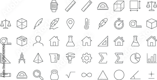 Measurement and geometry line icon set, math tools symbols, education outline elements, scientific instruments, minimal vector icons collection