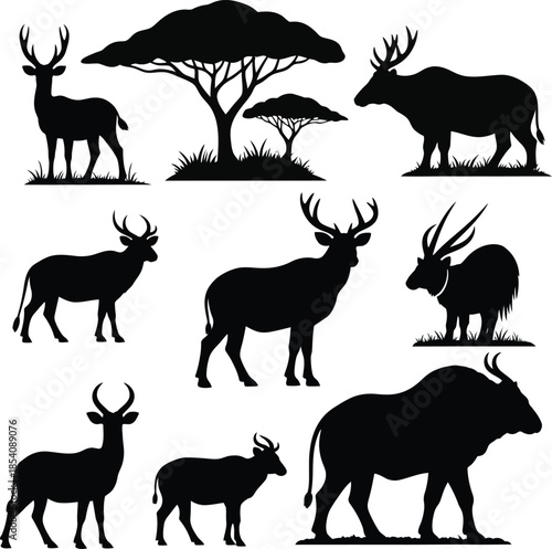 Silhouette of various deer and antelope species isolated on transparent background