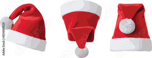 Santa hat vector set, Christmas headwear clipart, festive holiday icon, red winter accessory illustration, white trim graphic