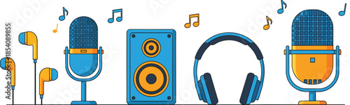 Music and audio equipment vector illustration set with microphones, headphones, speakers and earphones in flat style