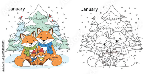 Cute cartoon fox family sitting in a snowy winter forest, vector illustration of happy animals wearing scarves and hats under pine trees, January calendar concept.