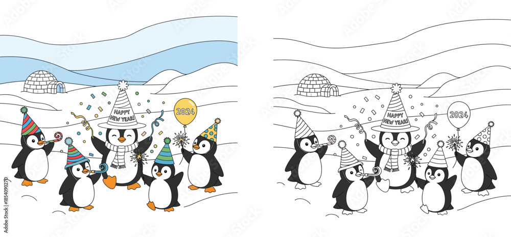 Fototapeta premium Cute cartoon penguins celebrating New Year 2024 party with sparklers and igloo, funny winter animals holding balloon in snow, vector illustration.