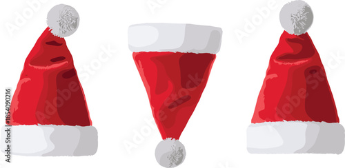 Santa hat vector set, Christmas headwear clipart, festive holiday icon, red winter accessory illustration, white trim graphic
