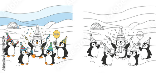 Cute cartoon penguins celebrating New Year 2024 party with sparklers and igloo, funny winter animals holding balloon in snow, vector illustration.