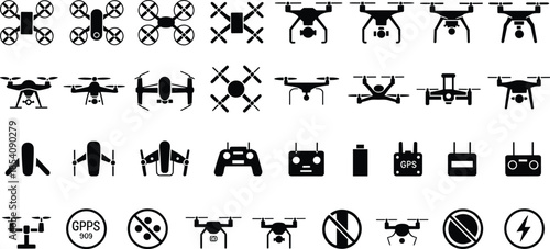 Drone icon set collection, quadcopter silhouettes, UAV symbols, aerial photography equipment, remote controller icons, GPS drone signs, flying camera technology illustration pack