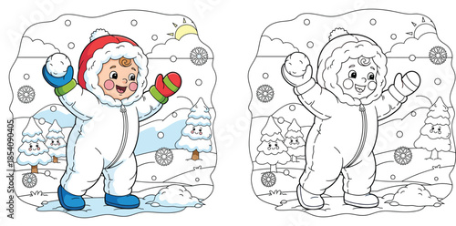 Cute cartoon baby in white snowsuit playing with snowball in winter forest, vector illustration of happy toddler having fun outdoors with smiling pine trees background.