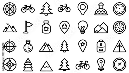 Illustration of various outdoor and travel icons including trees bicycles and navigational elements design 100