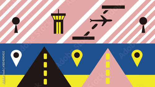 Illustration showing air traffic control tower airplane route and road trip destination points design style