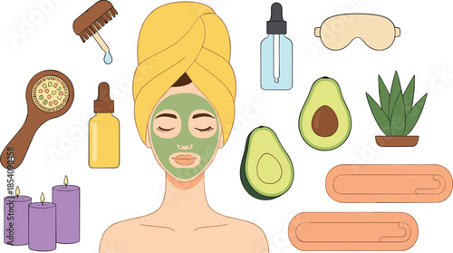 Natural skincare and spa routine vector illustration set with facial mask, beauty tools and cosmetic elements