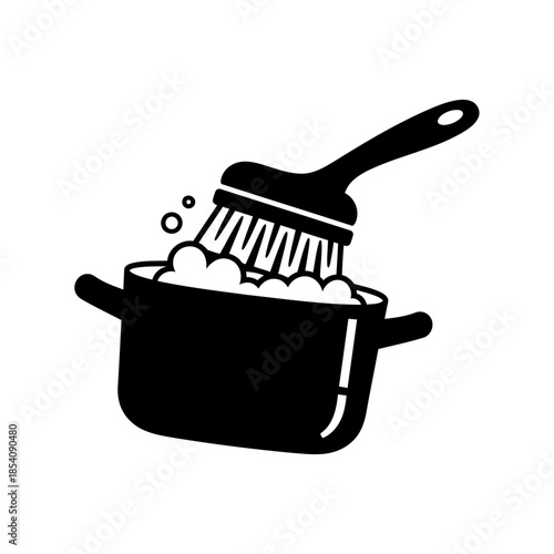 Cleaning a Pot with a Scrub Brush and Suds