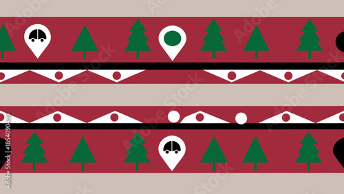 Festive holiday pattern with christmas trees car pin and geometric shapes in red white and green colors