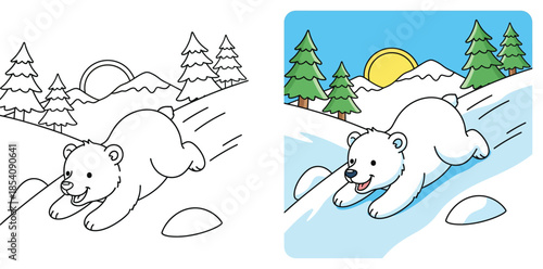 Cute cartoon polar bear sliding down a snowy hill, vector illustration of happy baby animal playing in winter mountain landscape with pine trees and sun.