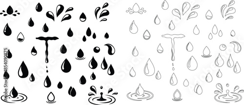 Water drops icons set collection with droplet splash symbols in flat and line style, liquid rain fluid illustration group for weather nature hygiene UI design and clean graphic elements
