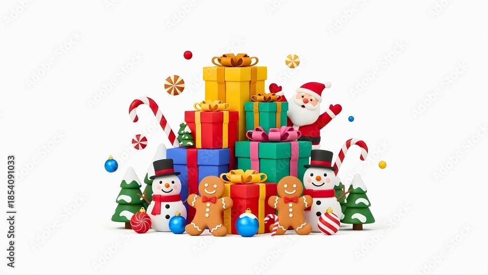 Naklejka premium Vibrant Christmas scene with Santa, snowmen, gifts, and festive decorations