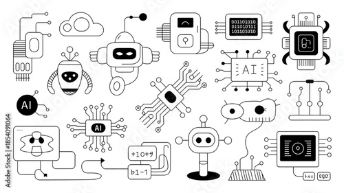 Collection of AI and robot icons featuring futuristic technology and artificial intelligence elements perfect for digital design and conceptual use