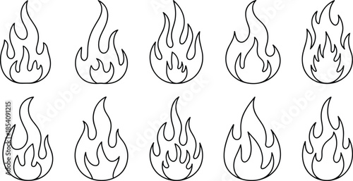 Hand drawn flame icon set, fire outline symbols collection, doodle burning shapes, vector sketch flames, simple line art design elements isolated