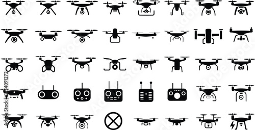 Drone icons set, quadcopter silhouettes collection, aerial technology symbols, UAV camera drones, remote control devices, modern aviation infographic, flat design illustration