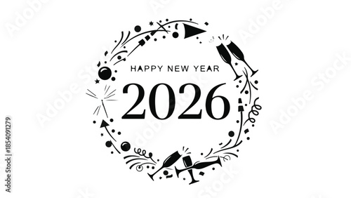 Festive celebration of the New Year 2026 with sparkling champagne glasses and confetti.