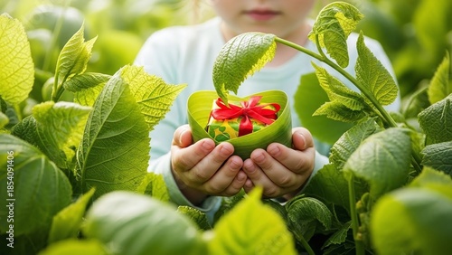 Close-up shot: children's hands holding a small gift tied with a bright red ribbon and surrounded by lush spring greenery against a blurred background. Perfect for eco-friendly gift guides
