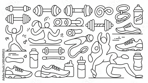 Collection of hand-drawn fitness and exercise icons representing sports and healthy lifestyle activities perfect for web design and app interfaces