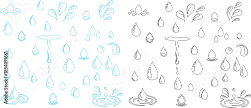 Water drops icons set collection with droplet splash symbols in flat and line style, liquid rain fluid illustration group for weather nature hygiene UI design and clean graphic elements