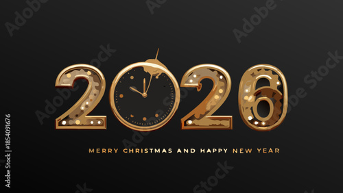Golden new year 2026 with clock design and christmas greetings