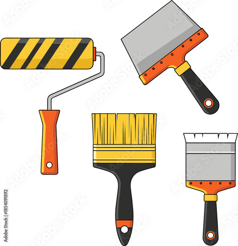 Painting tools vector set with roller and brushes for home renovation, construction, DIY decorating illustration