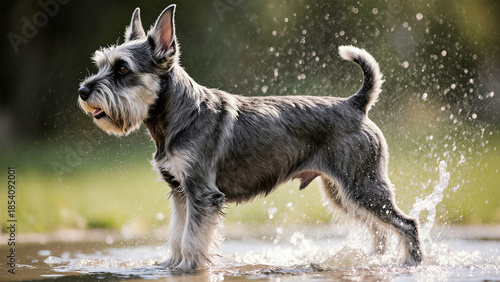 Wet Miniature Schnauzer standing in puddle.