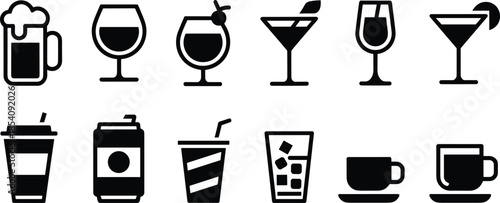 Minimal beverage icons set, coffee tea beer wine cocktail soda cups glasses silhouettes, drink symbols collection, bar cafe menu design elements isolated