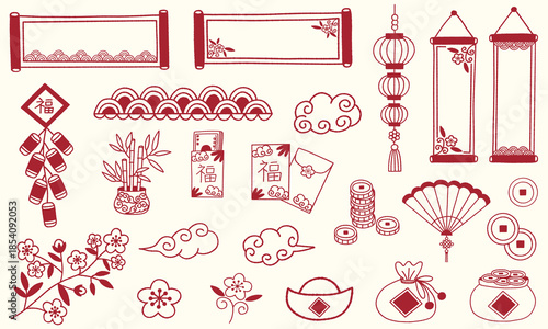 Chinese New Year lucky symbols and elements. Hand drawn vector line art illustrations of red envelopes, lanterns, firecrackers, oriental clouds, scrolls, gold coins, plum blossoms and more.