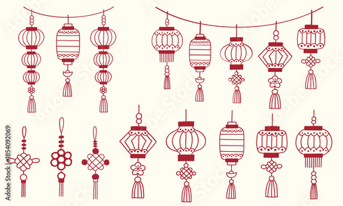 Chinese lanterns and knot charms inky line art illustration set. Decorative lanterns and lucky charms for Chinese New Year designs.