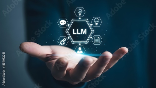 A futuristic hand holding a glowing llm digital network interface symbol