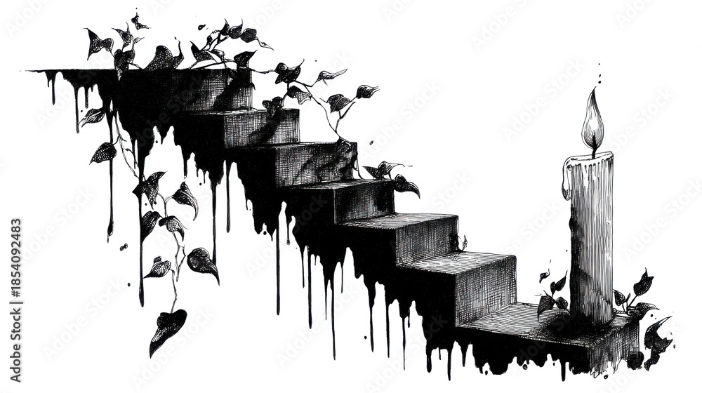 Obraz premium Surreal dark staircase with candle symbolizing mystery hope journey transformation fantasy horror and spiritual concept illustration art on white background