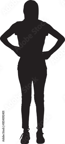 vector,front view of a silhouette of a woman standing with casual clothes with her head covered, arms akimbo