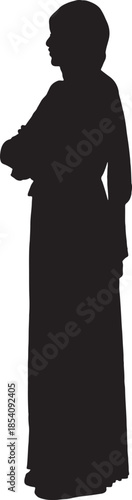 vector,side view of a silhouette of a woman standing with her head covered ,arms crossed