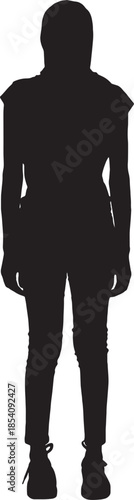 vector,front view of a silhouette of a woman standing with casual clothes with her head covered,
