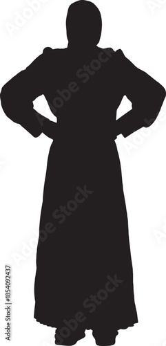 vector,front view of a silhouette of a woman standing with her head covered,arms akimbo