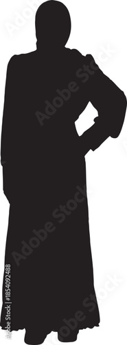 vector,front view of a silhouette of a woman standing with her head covered and arm akimbo